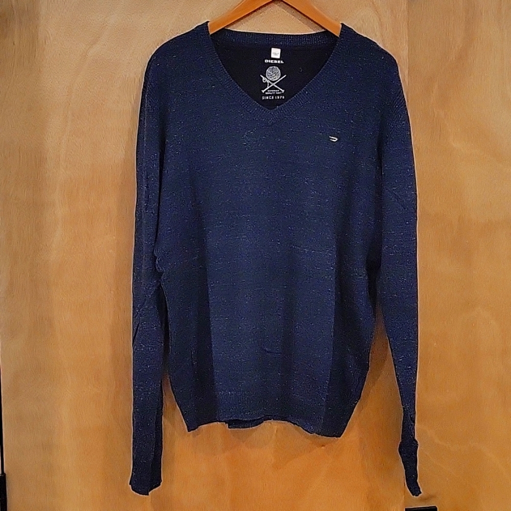 Diesel V-neck cotton blend sweater, blue, size XL